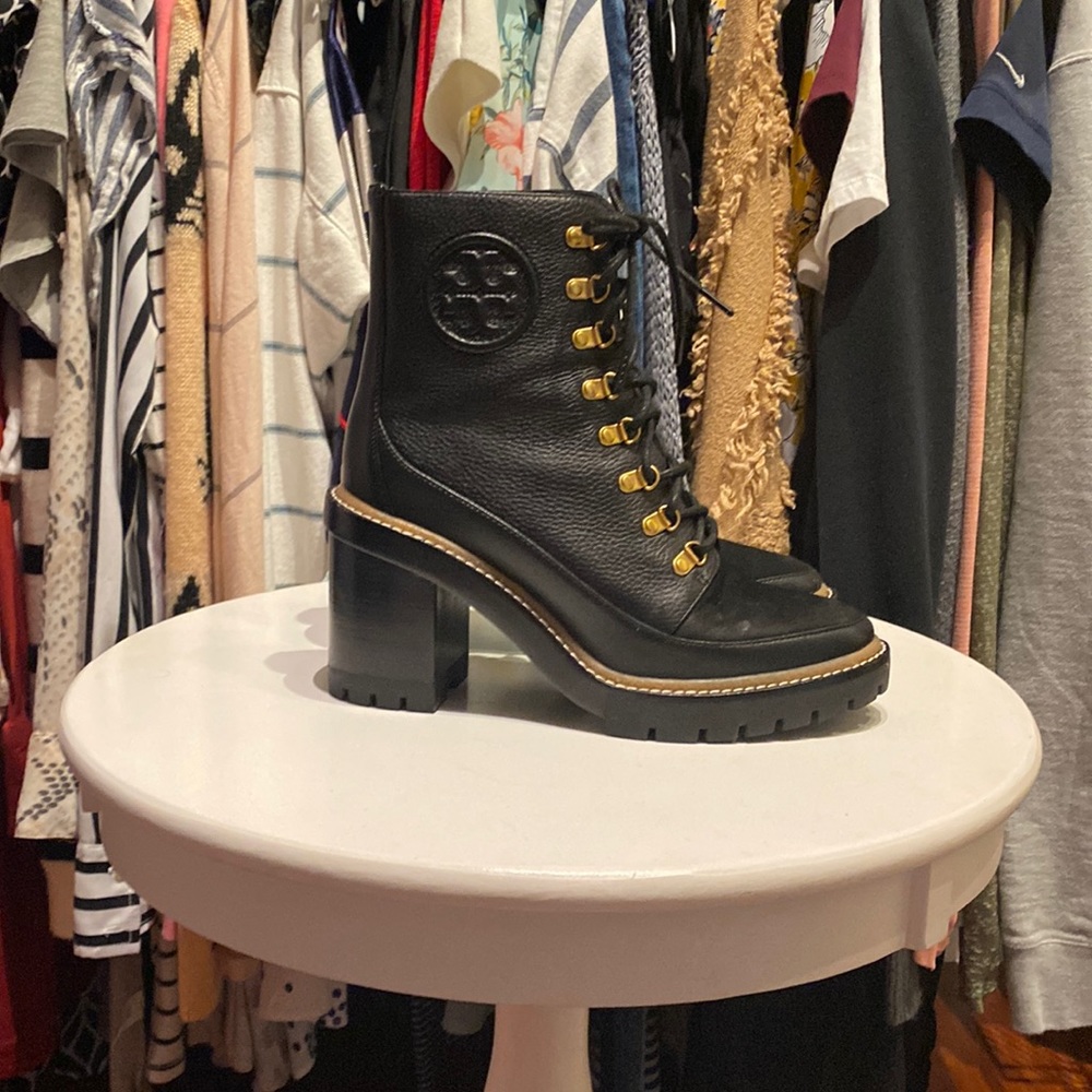 Tory Burch lace up chunky heel boots
